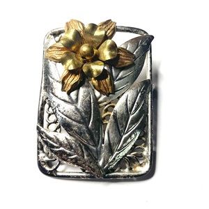 Vintage Mixed Metals Flower Square Brooch
